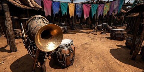 Rustic Village Market Featuring Drums and Vibrant Banners Amidst a Lively Atmosphere