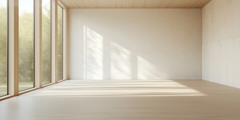 Fototapeta premium Empty room bathed in sunlight. Large windows offer view of plants outside. Wooden floors, walls create minimalist, airy ambiance. Natural light streams into space. Bright, serene interior design