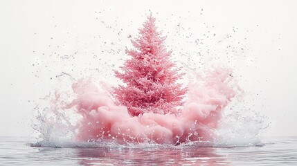   A Christmas tree with red and green leaves floating in a pond with ripples below