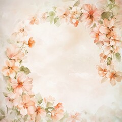 watercolor painting of peach colored flowers forming a circle with a soft background