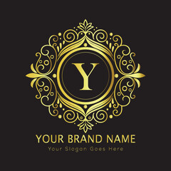 Letter Luxury brand logo design with a royal gold crown emblem and elegant typography
