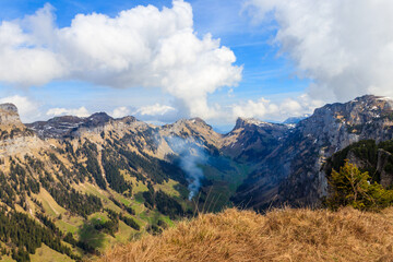 Fototapeta premium View of Justital (Justi Valley) from Niederhorn mountain in Beatenberg, Switzerland