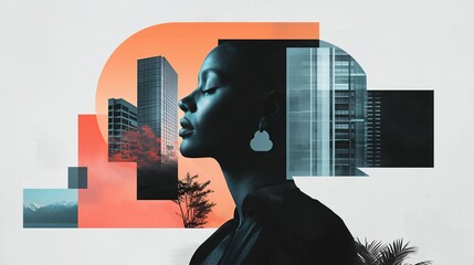 Woman in Art Collage A Fusion of Architecture and Individuality in Abstract Design, collage art style