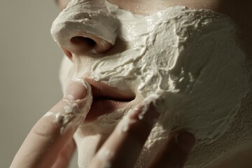 close up of a person applying a white face mask