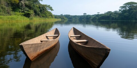 Obraz premium Two small wooden boats are floating in a lake. The water is calm and the sky is clear