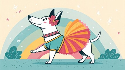 Stylish dog in a colorful tutu, cheerful, in a whimsical setting