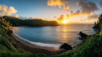 Obraz premium Panoramic sunrise over secluded cove beach.