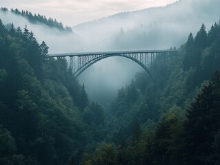 Obraz premium Misty mountain bridge spanning a deep valley, shrouded in fog.