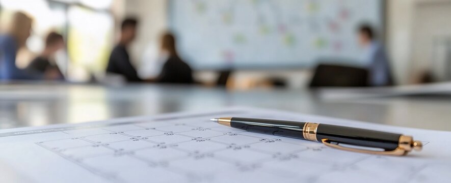 Pen on schedule, blurred business meeting background.