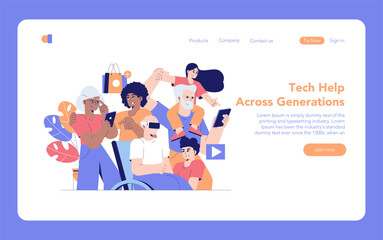 Tech Help Across Generations. Flat Vector Illustration