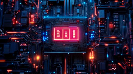 Obraz premium Close-up of a CPU with three glowing cores on a circuit board.