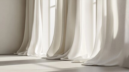 Soft white curtains draping elegantly in a sunlit room, creating a serene atmosphere.