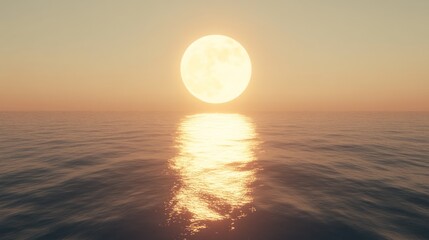 Large, bright, golden moon over still water at sunrise or sunset.