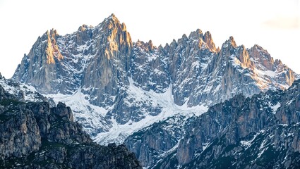 Majestic snow dusted mountain peaks at dawn illuminated in golden light