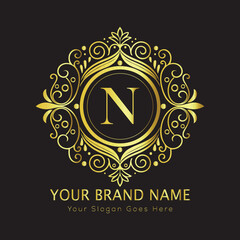 Letter Luxury brand logo design with a royal gold crown emblem and elegant typography
