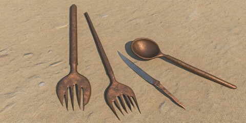 Rustic Cutlery Set on Sandy Surface for Culinary Art Display - Perfect for Food Photography