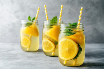Fototapeta premium Three mason jars filled with refreshing lemonade, lemon slices, ice, and mint leaves, garnished with yellow striped straws.