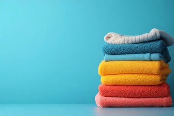Clothes, fabric and clean laundry background for laundromat business, service or fabric softener. Colourful, pile or dirty clothing backdrop for mockup, product design or eco friendly, Generative AI