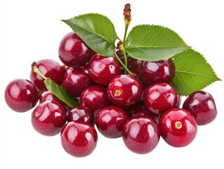 fresh cherries with leaves on white background