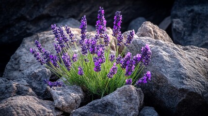 Vibrant purple lavender blossoms thriving amidst grey rocks.