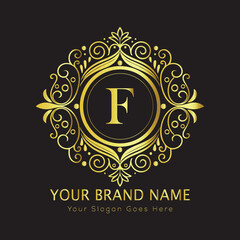 Letter Luxury brand logo design with a royal gold crown emblem and elegant typography
