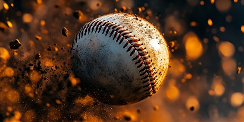 Fototapeta premium Dirty baseball in flight, surrounded by dirt and dust.