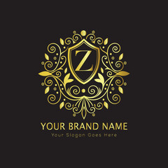 Letter Luxury brand logo design with a royal gold crown emblem and elegant typography
