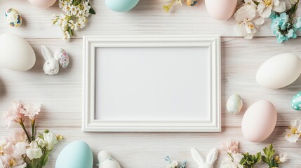 White frame surrounded by pastel Easter eggs, flowers, and bunny figurines on a white wooden background.