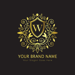 Letter Luxury brand logo design with a royal gold crown emblem and elegant typography
