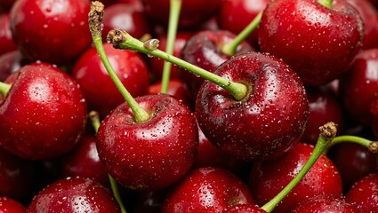 Juicy red cherries with drops of water on glossy skin under sunlight