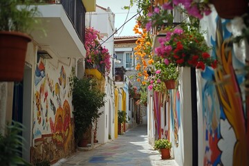 Fototapeta premium Colorful alleyway with vibrant flowers and murals.