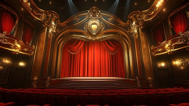 Ornate theater stage, red velvet curtains, gilded baroque architecture, grand proscenium arch, chandelier, plush red seats, empty auditorium, dramatic lighting, elegant opera house, vintage theatrical