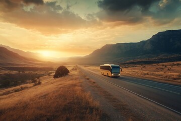 Coach bus driving on highway through scenic mountain landscape at sunset.
