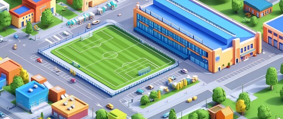 Isometric view of a city with a soccer field and stadium.