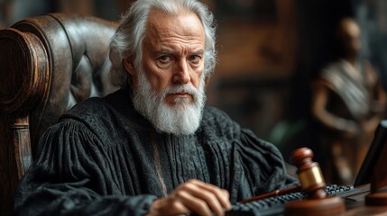 Obraz premium Serious senior judge in courtroom.