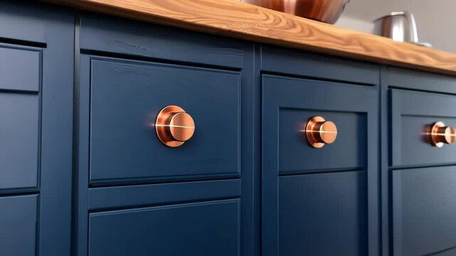 Front kitchen wooden frame cabinet door and drawers. Closeup Dark Blue Kitchen. Wooden cabinet door, brass door handles, furniture base set. Trendy interior units. Home improvement concept. Samples.