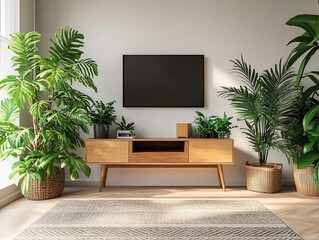 Modern living room with TV, plants, and wooden furniture.