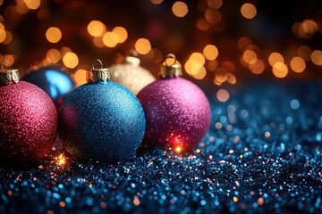 Obraz premium Colorful glittery Christmas ornaments on a sparkling surface.