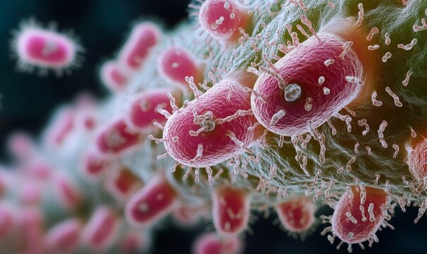 Close up of bacteria and virus cells. Biology, Science medicine background, Generative AI