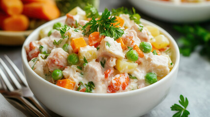 Ukrainian, Russian New Year's salad 'Olivier', classic potato salad with mayonnaise