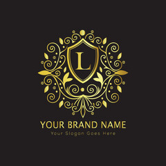 Letter Luxury brand logo design with a royal gold crown emblem and elegant typography

