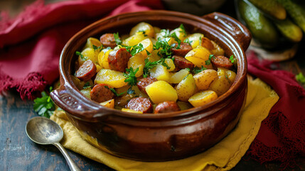 Traditional Cozido a Portuguesa: Hearty Portuguese stew with meats, vegetables, and potatoes in a rustic clay pot.