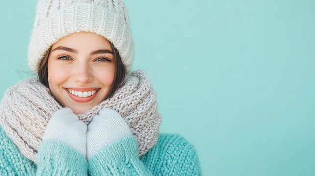 A woman in a white hat and scarf is smiling. She has a happy expression on her face. on snowy winter scene on blue background, sale advertising banner, warm clothes - Powered by Adobe