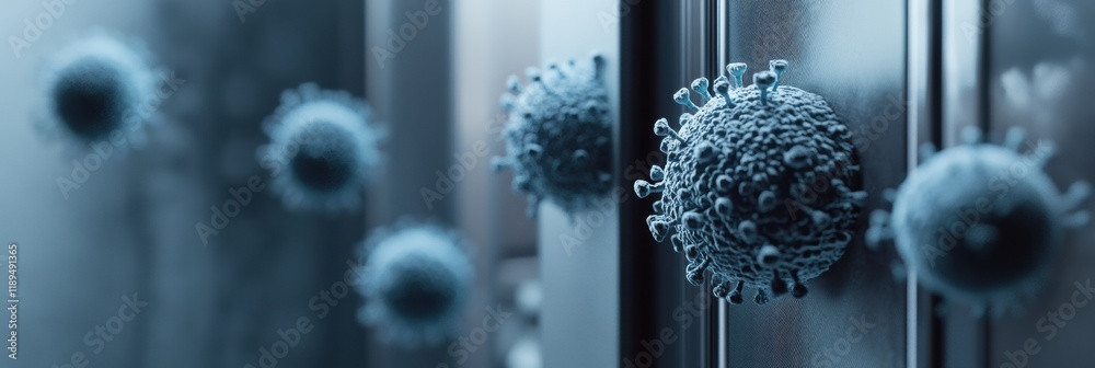 Aufkleber close up view of microbes on surfaces like door handles and smartphones highlighting everyday contam