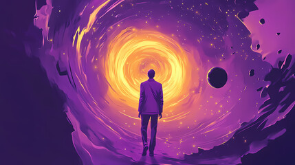 Starbound odyssey - cartoon realism illustration of cosmic traveler in purple suit by luminous black hole with swirling star and planet fragments. Starbound. Illustration