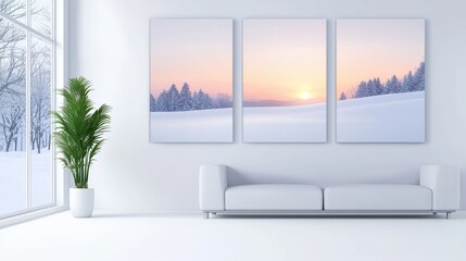 Serene Winter Landscape Art in Modern Minimalist Living Room Setting