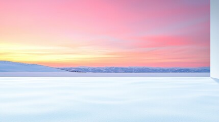 Tranquil Winter Landscape with Soft Pink Sunset Over Snowy Horizon