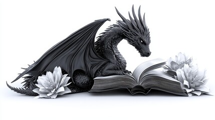 Majestic Dragon Guarding an Ancient Book Surrounded by Enchanted Flowers