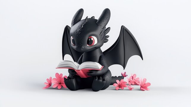 Adorable Black Dragon Reading Amidst Colorful Flowers and Nature