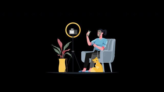 An Asian woman sitting in a chair holding a phone with a ring light and a dog nearby.